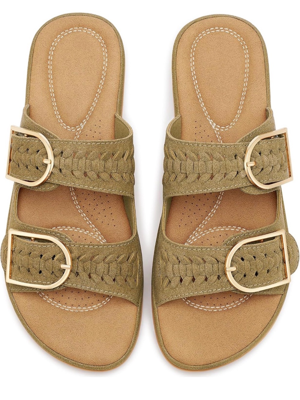 Women’s Olive Braided Double-Buckle Slide Sandals